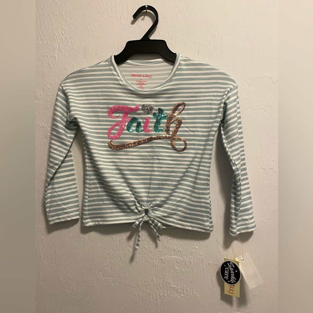 Girl’s Colette Lilly Striped Faith Sequin Long Sleeve Cropped Tee Size 4T
